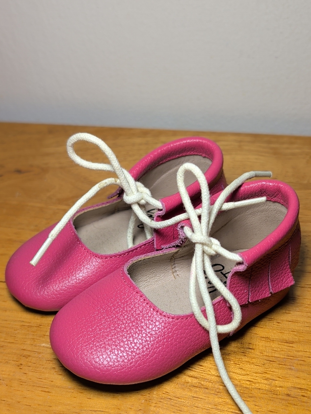 Monkey Feet Pink Leather Moccasins with Fringe White Laces Girls Size 12-18M